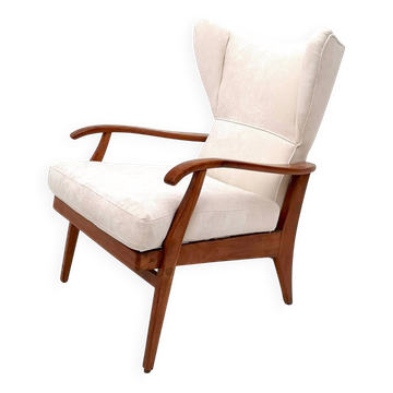 Reclining Armchair with Cherry Frame and White Velvet Upholstery, Italy