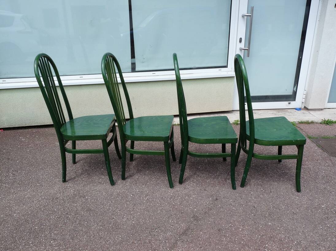 Set of 4 vintage Baumann Eden bistro chairs in green wood