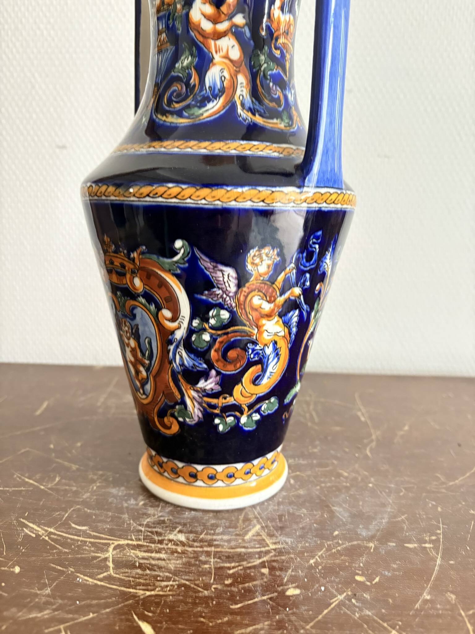Ancient Double-Handled Vase Faience Gien Renaissance Model Italian Majolica