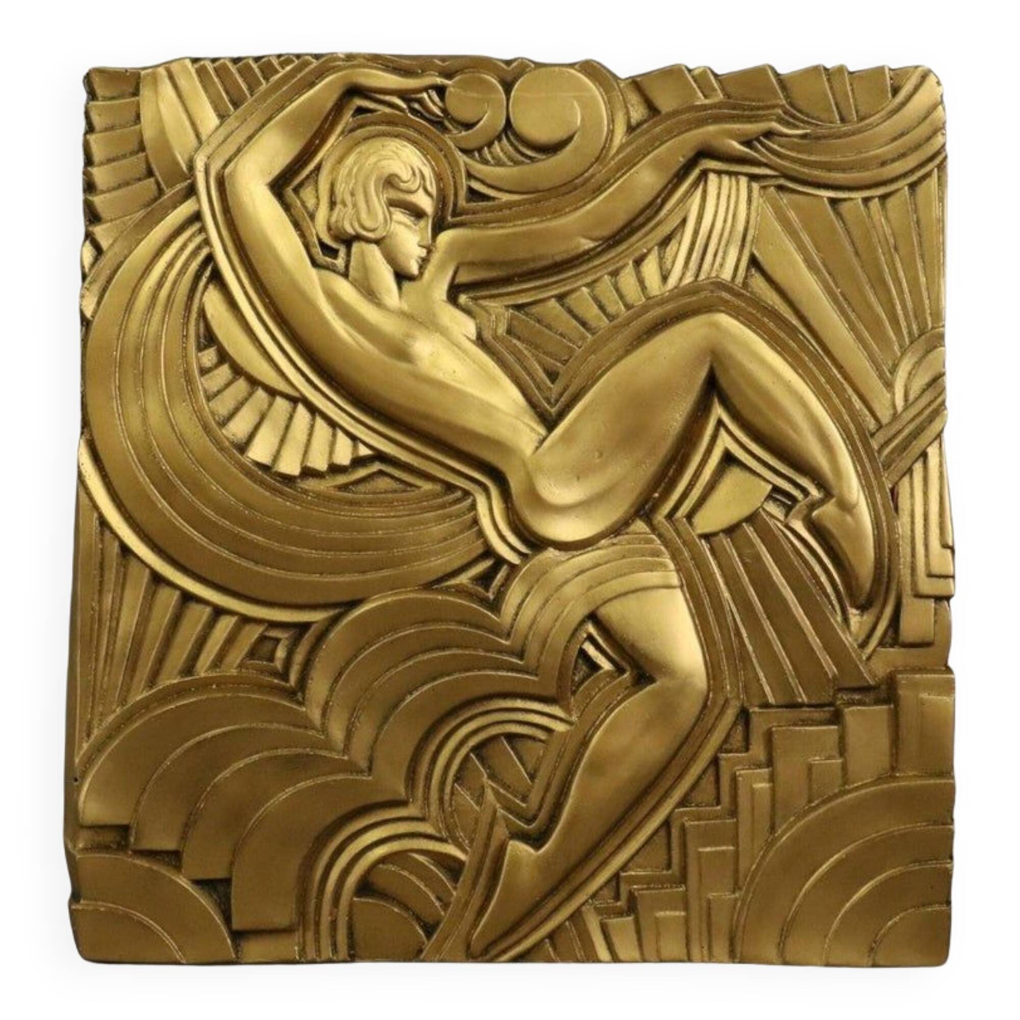 Superb large art deco plaster bas-relief, painted gold after Maurice Picaud, "la dance"