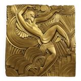 Superb large art deco plaster bas-relief, painted gold after Maurice Picaud, "la dance"