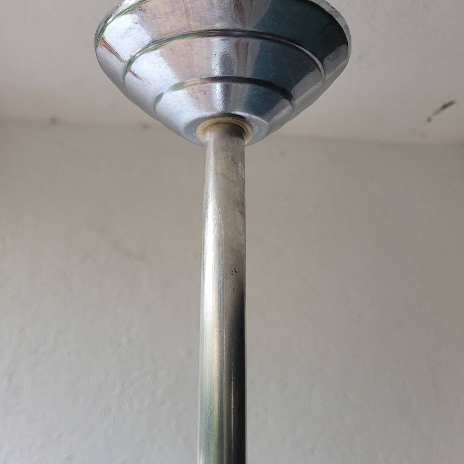 Opaline and chrome-plated metal globe pendant light – 1950s