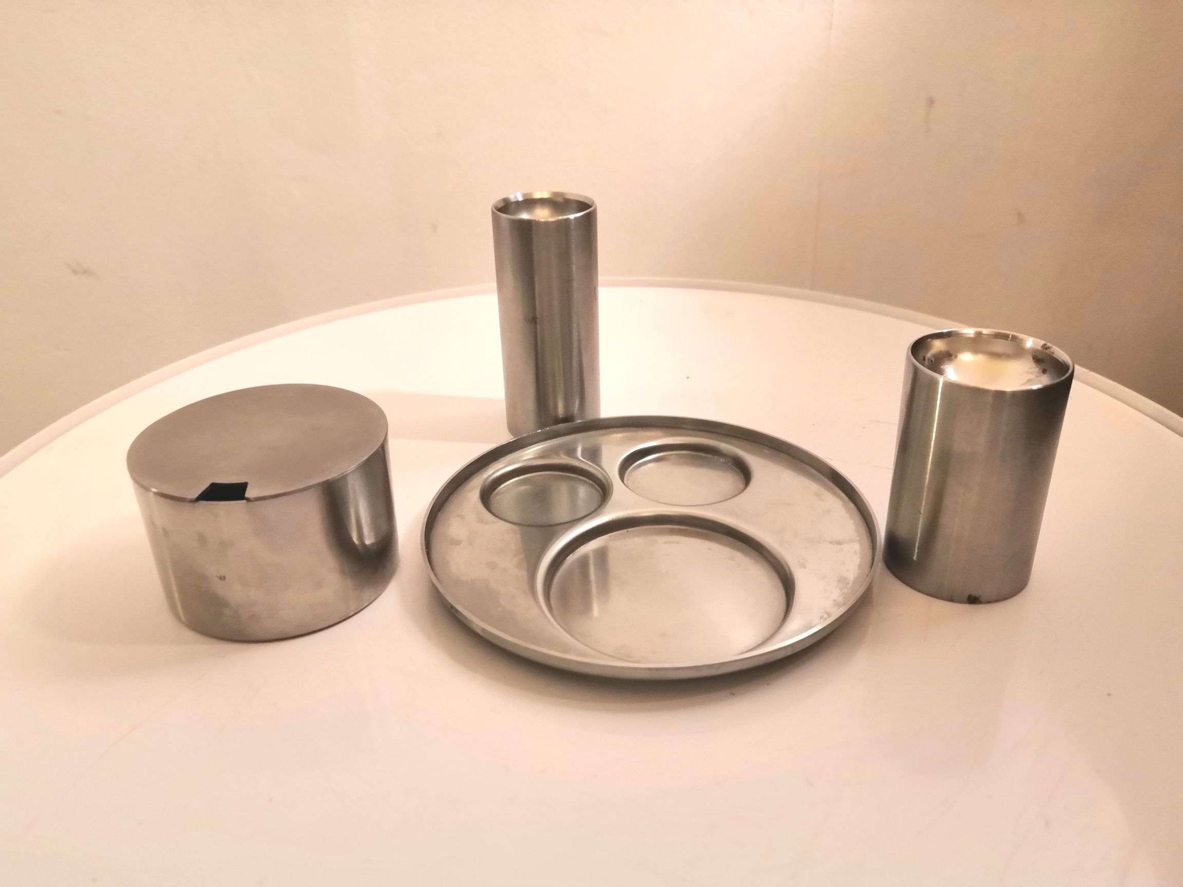 Ménagère salt, pepper and mustard "cylinda" by Arne Jacobsen for Stelton, 1960