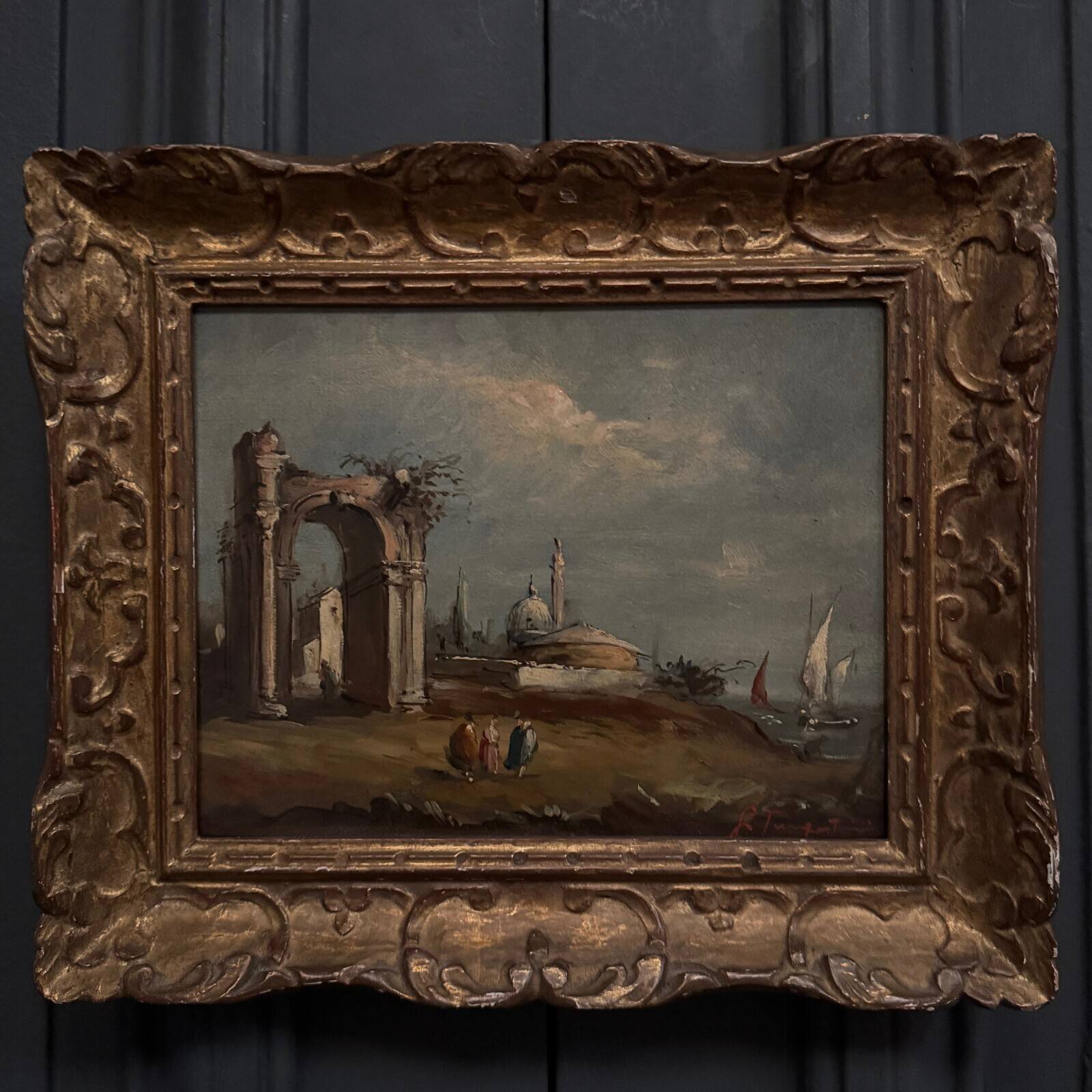 Oil on panel depicting a port from the early 20th century