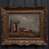 Oil on panel depicting a port from the early 20th century