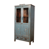 Ancien vaisselier art déco en teck birman patine bleue-grise d'origine