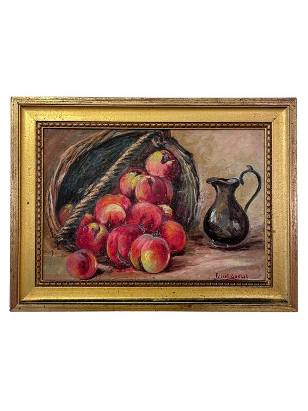 Nature morte - Panier de pêches et pichet