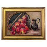 Still life - Basket of peaches and pitcher