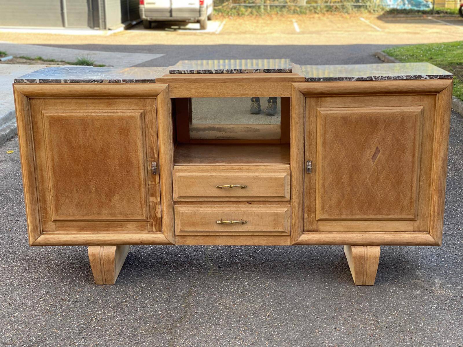 Renovated art deco sideboard in raw solid oak and gray marble 200cm