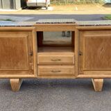 Buffet enfilade art déco rénovée en chêne massif brut et marbre gris 200cm