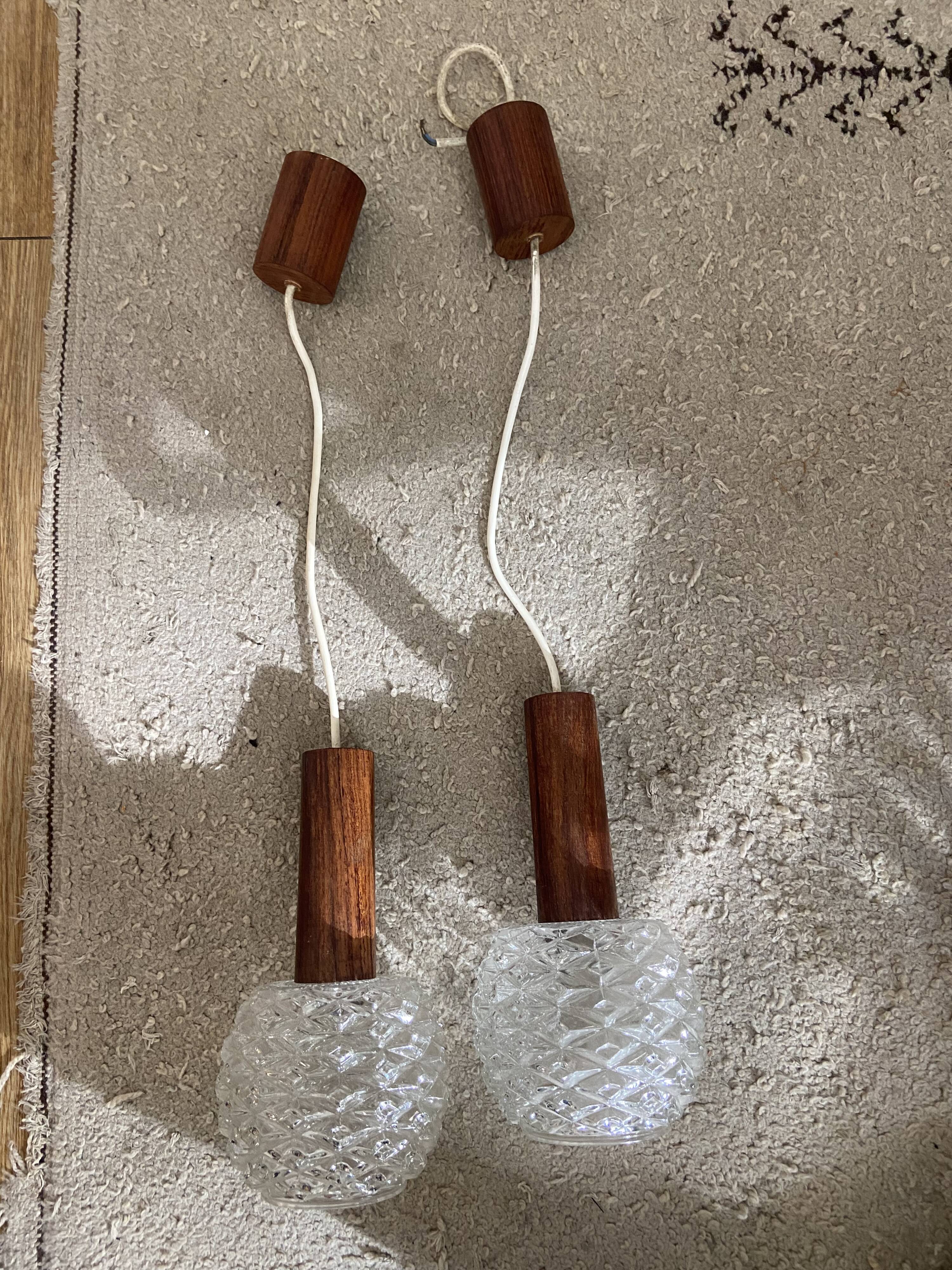 Pair of suspension in teak and vintage Scandinavian glass