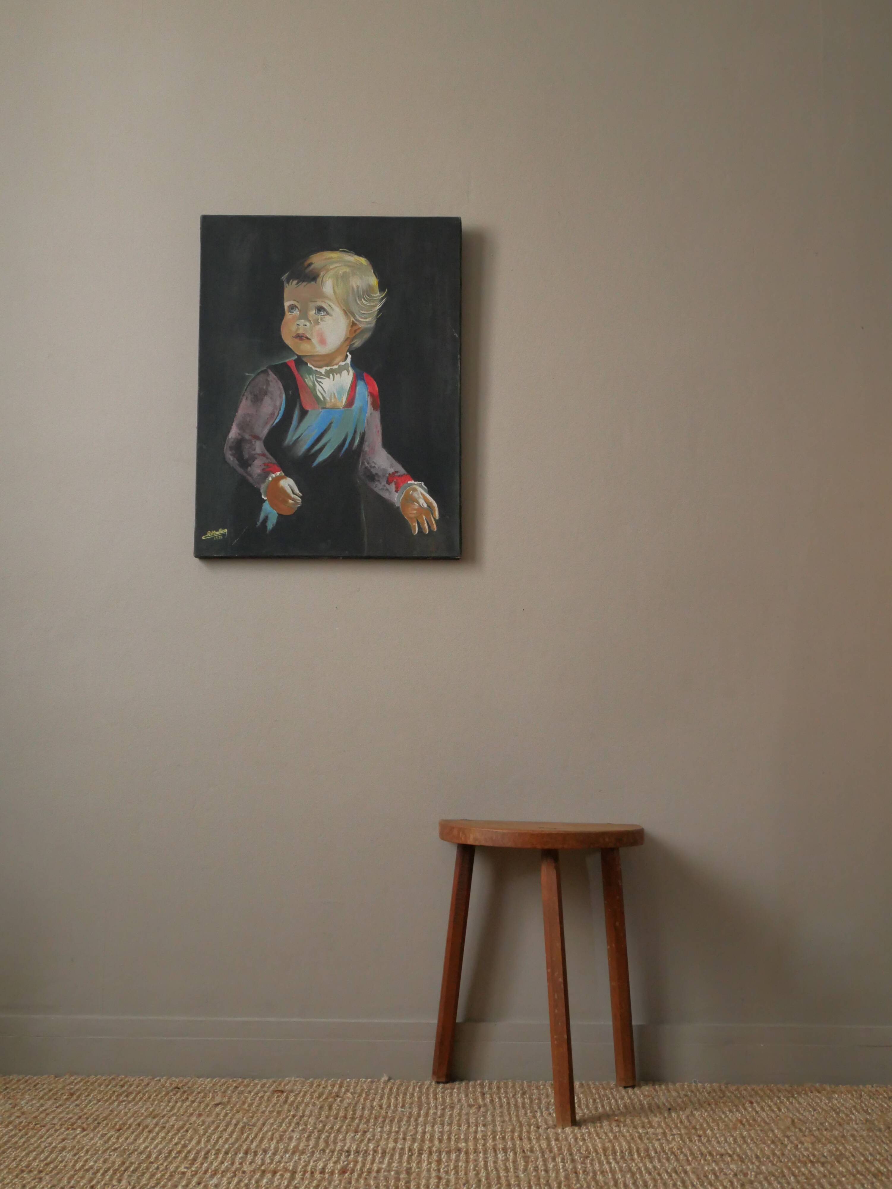 Acrylic painting portrait on canvas child vintage year 75 signed