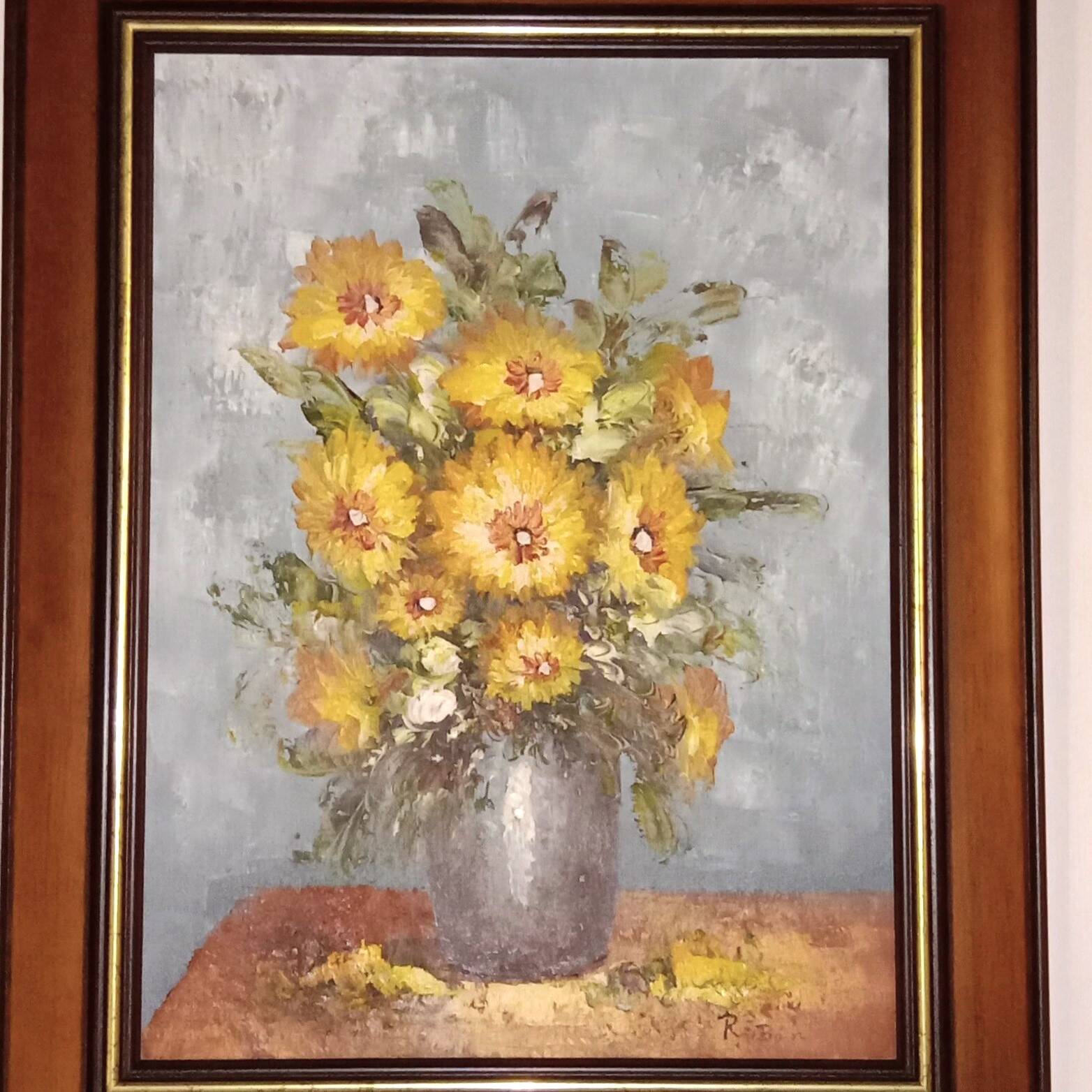 Still Life Bouquet of Yellow Flowers Oil on Canvas Signed
