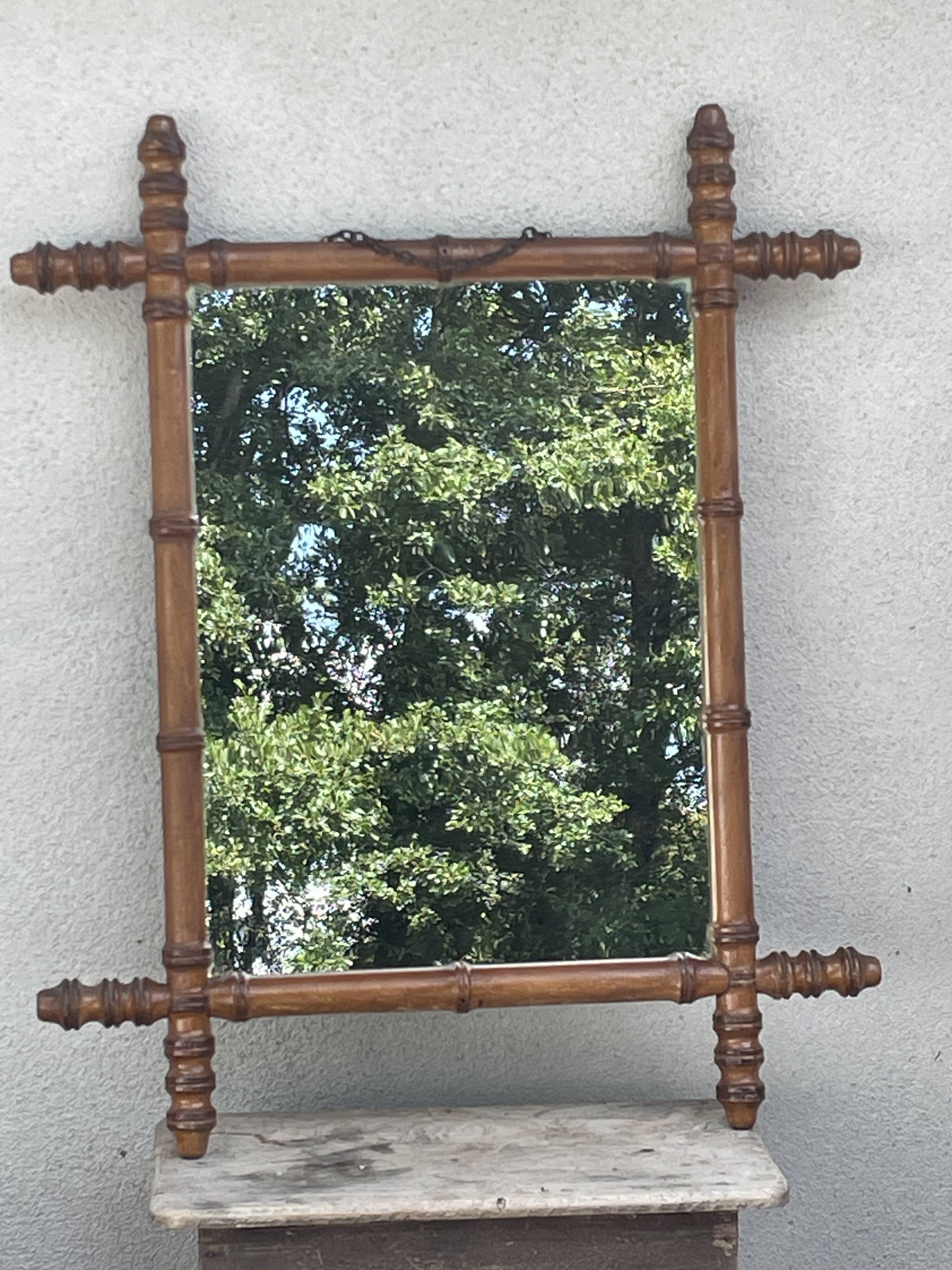 Ancien miroir cadre en bois de Merisier style bambou Cherrywood Mirror Bamboo