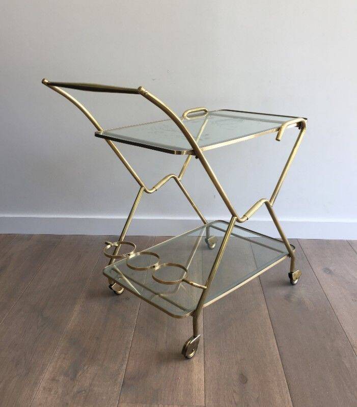 Italian designer rolling table in brass and engraved glass