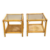Rattan, Canework and Smoked Glass End Tables, 1960s, Set of 2