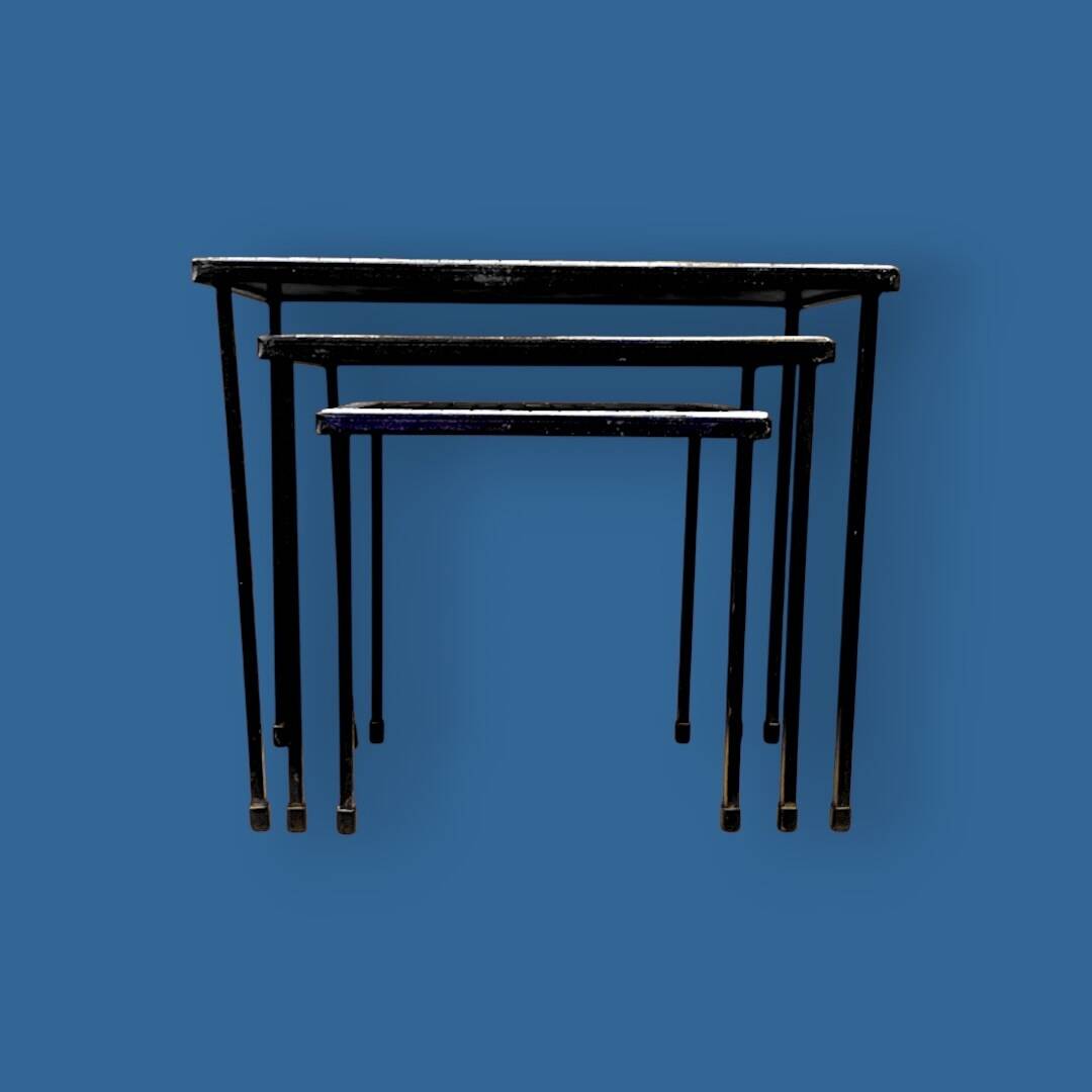 Trio of vintage nesting tables in mosaic and wrought iron