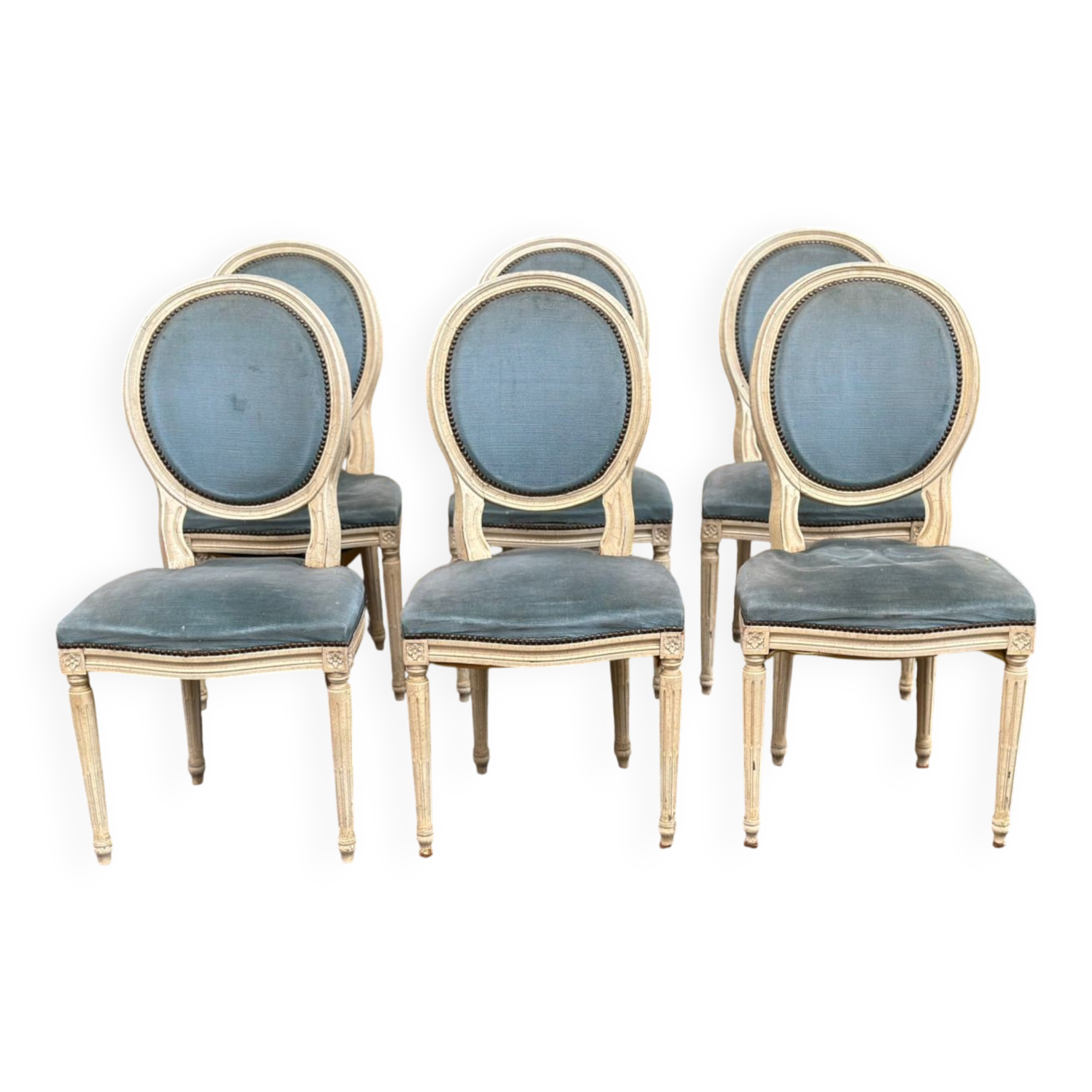 6 Louis XVI medallion chairs in beige wood and blue fabric from the 18th century.
