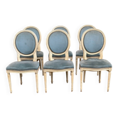 6 Louis XVI medallion chairs in beige wood and blue fabric from the 18th century.