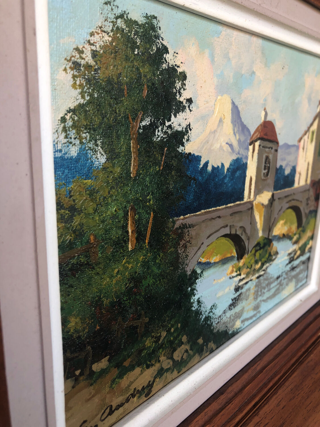 Oil painting on canvas s. audrey riverside + wood frame #a218