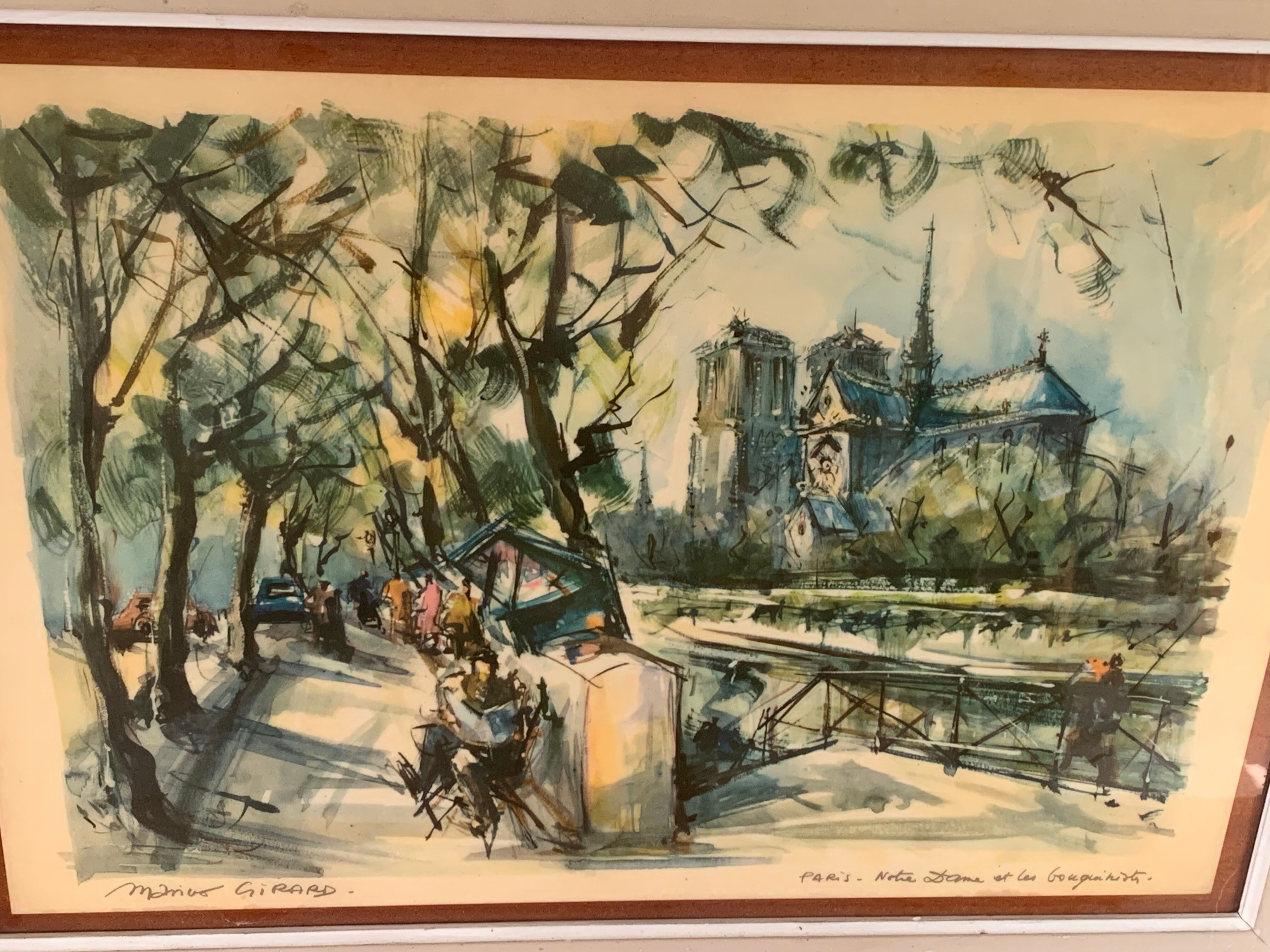 Lithograph notre dame et les bouquinistes signed by Marius Girard vintage