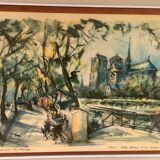 Lithograph notre dame et les bouquinistes signed by Marius Girard vintage
