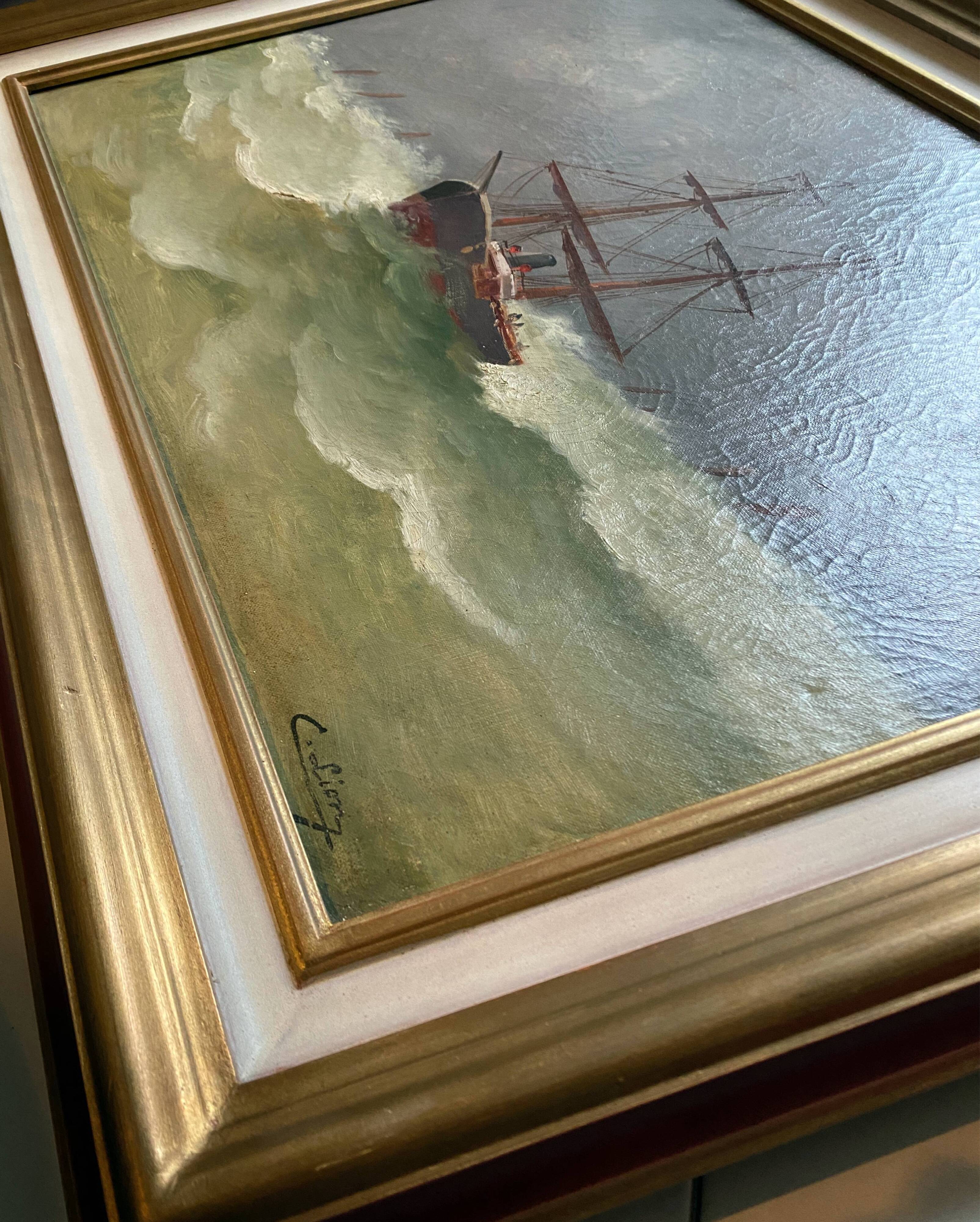 19th century HST painting "Boat in heavy weather" signed C. Lion + frame
