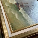 19th century HST painting "Boat in heavy weather" signed C. Lion + frame