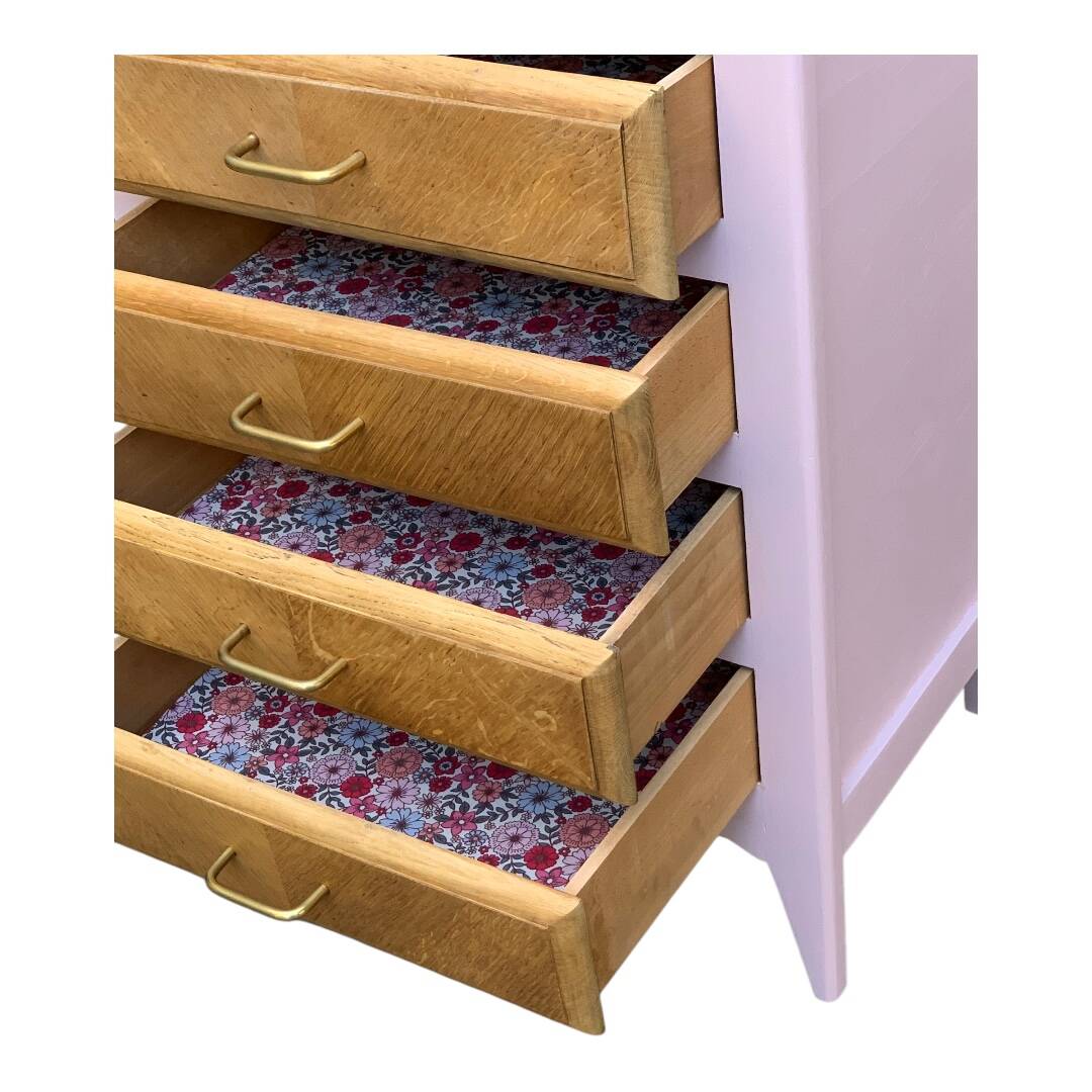 Vintage powder pink compass leg chest of drawers from the 1950s