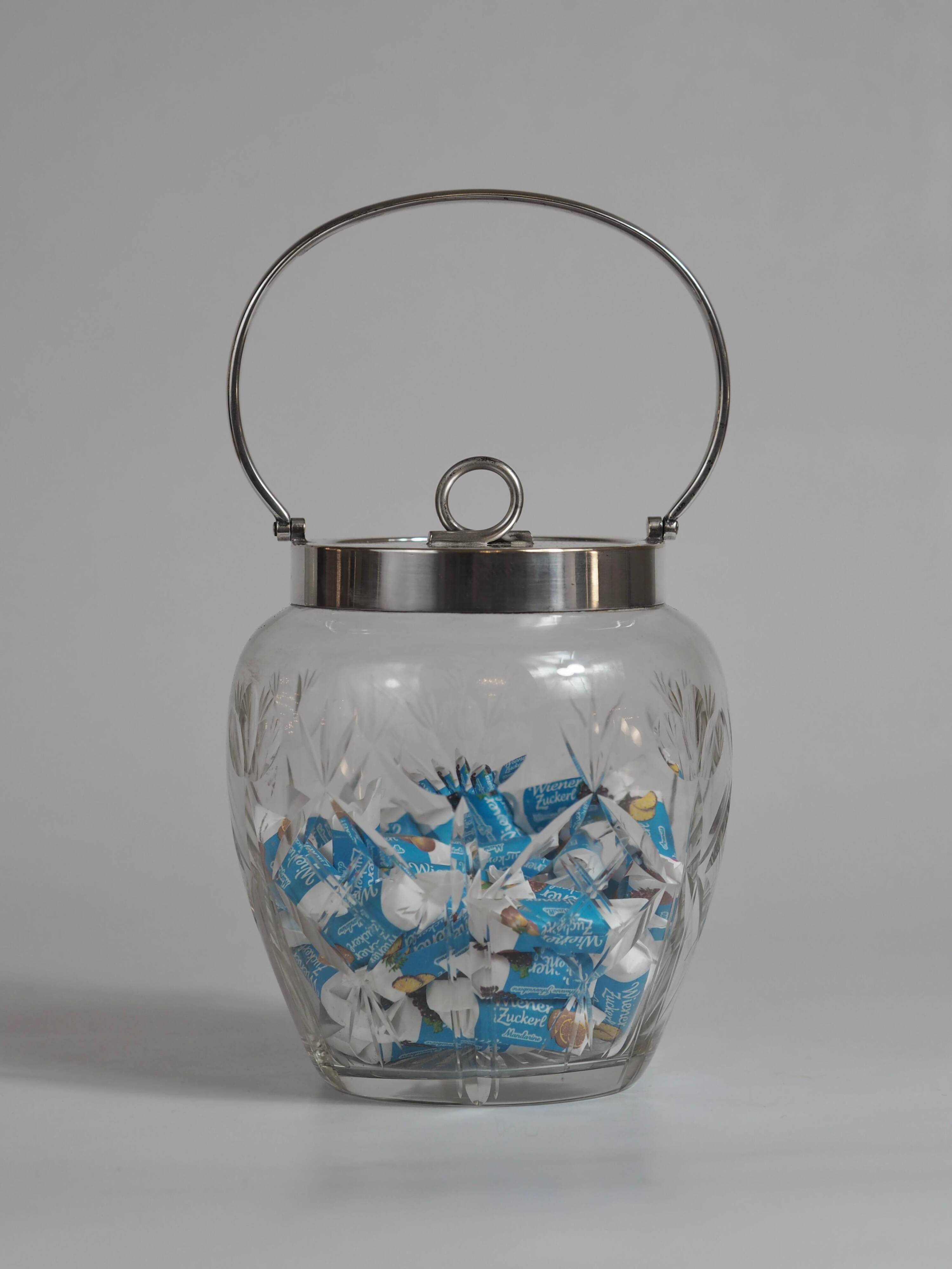 Crystal biscuit barrel with silver-plated mounts and handle, Austrian cut, 1920s.
