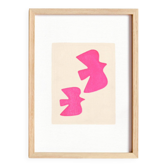 Peinture oiseaux rose fluo sur papier - illustration et tableau signé Eawy