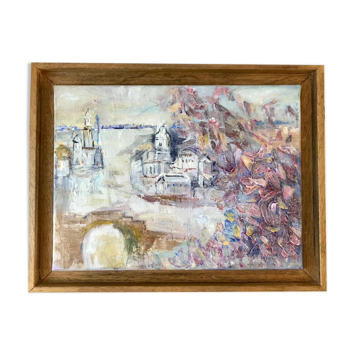 Painting oil on canvas city and trees framed pastel tones signed vintage