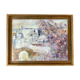 Painting oil on canvas city and trees framed pastel tones signed vintage