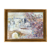 Painting oil on canvas city and trees framed pastel tones signed vintage