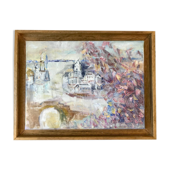 Tableau huile sur toile ville et arbres encadré tons pastel signé vintage