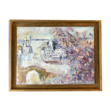 Tableau huile sur toile ville et arbres encadré tons pastel signé vintage