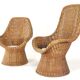 Set of 2 vintage rattan wicker armchairs with white teddy fabric