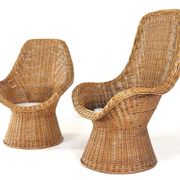 Set of 2 vintage rattan wicker armchairs with white teddy fabric
