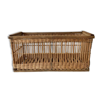 Panier à linge en osier et bois vintage