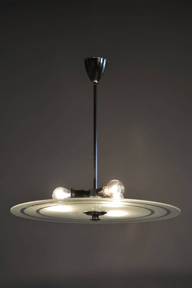Czech Bauhaus Pendant in Chrome-Plated Steel and Milk Glass, 1930s