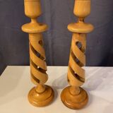 PAIR OF LEMON WOOD CANDLESTICKS CARVED INTO SPIRAL 1970s