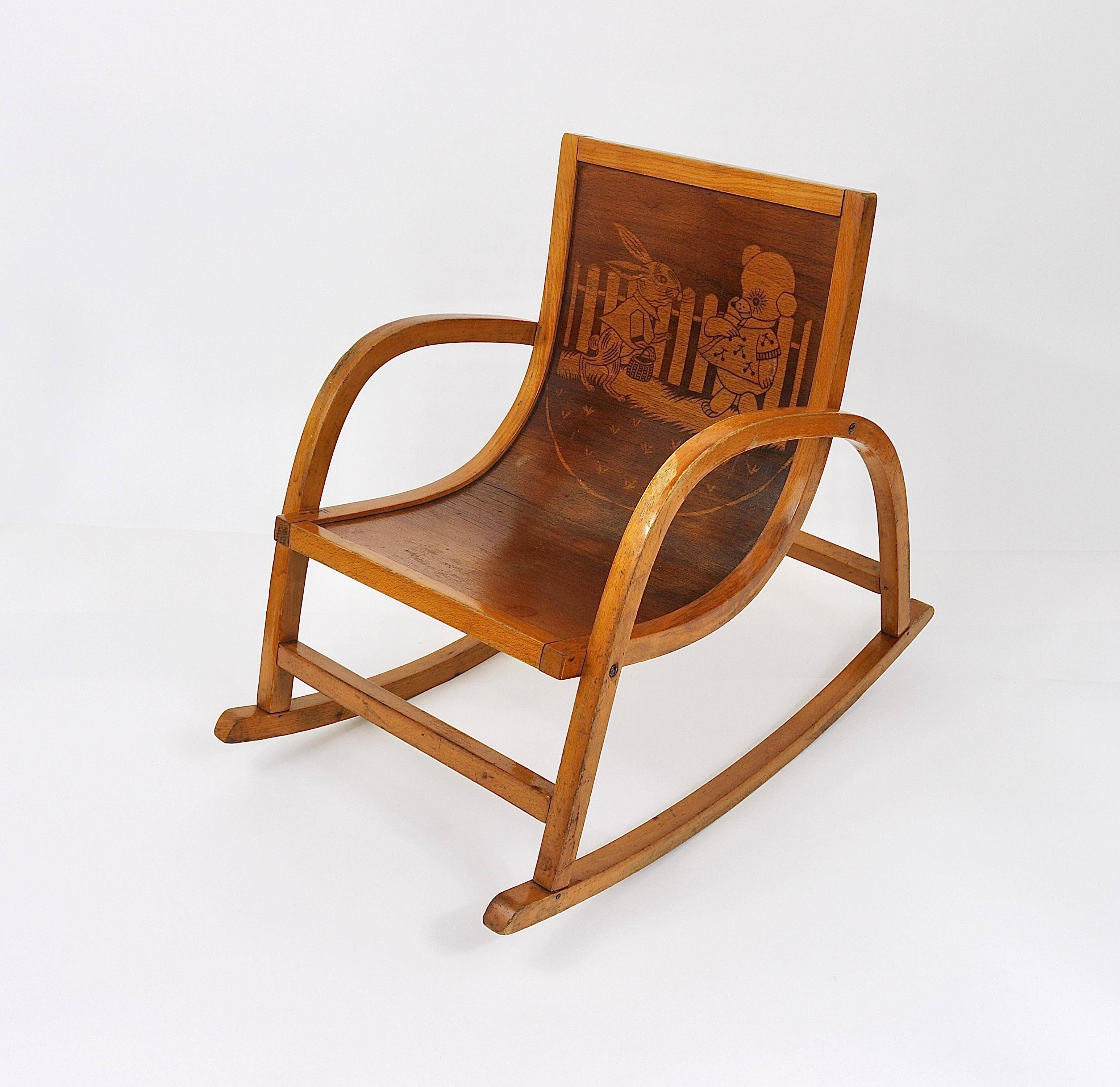 Curved wooden rocking chair for children Bauhaus Brockhage Andrä period, Germany, 1950s