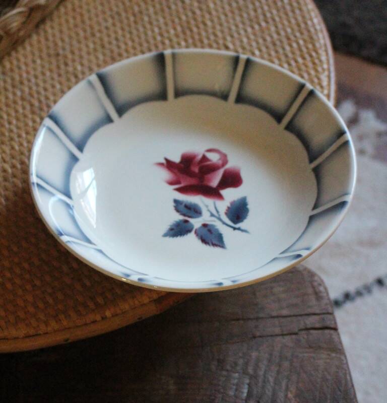 Red rose bowl art deco dolphin Digoin Sarreguemines