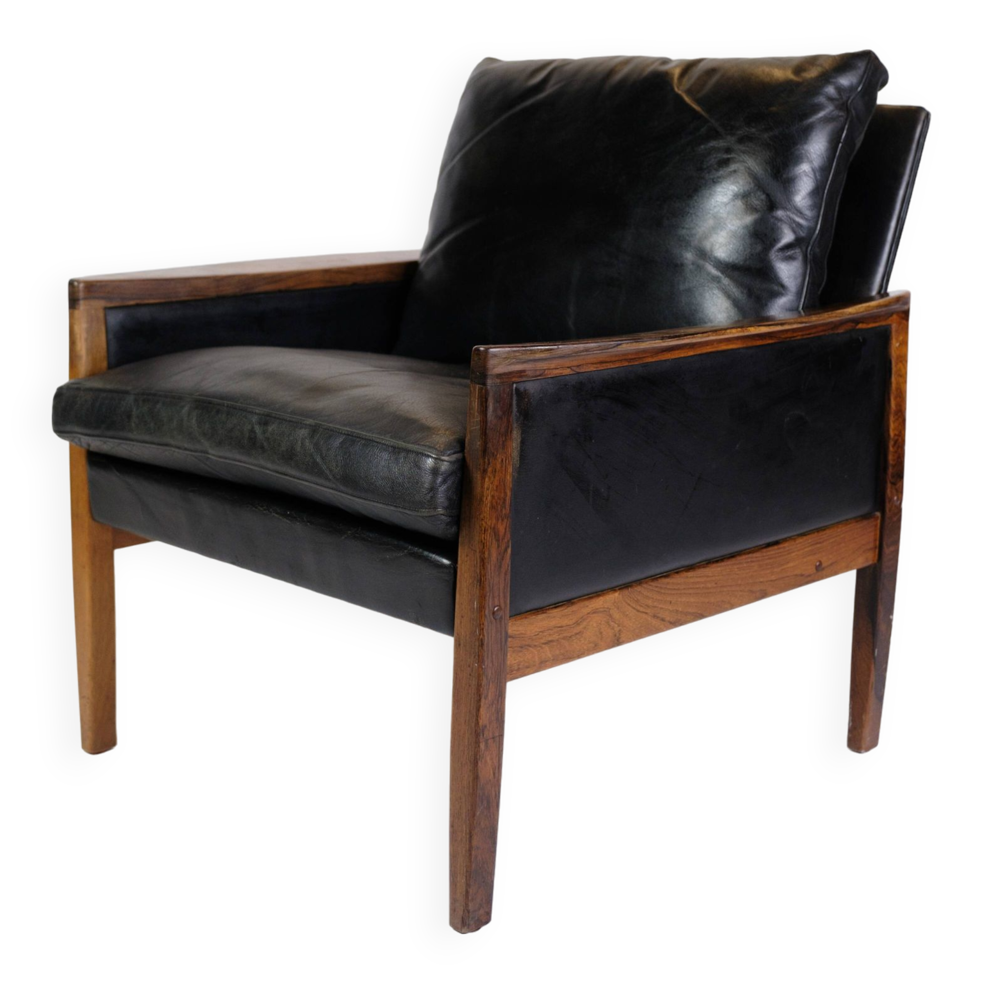 Armchair Made In Rosewood & Black Leather Cushions By Hans Olsen From 1960s