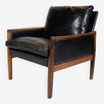 Armchair Made In Rosewood & Black Leather Cushions By Hans Olsen From 1960s