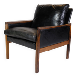 Armchair Made In Rosewood & Black Leather Cushions By Hans Olsen From 1960s