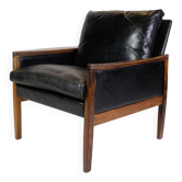 Armchair Made In Rosewood & Black Leather Cushions By Hans Olsen From 1960s