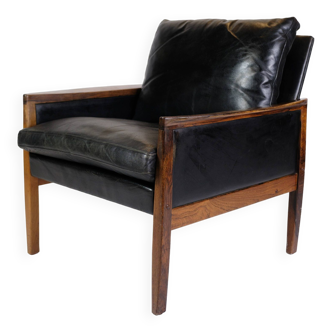 Armchair Made In Rosewood & Black Leather Cushions By Hans Olsen From 1960s