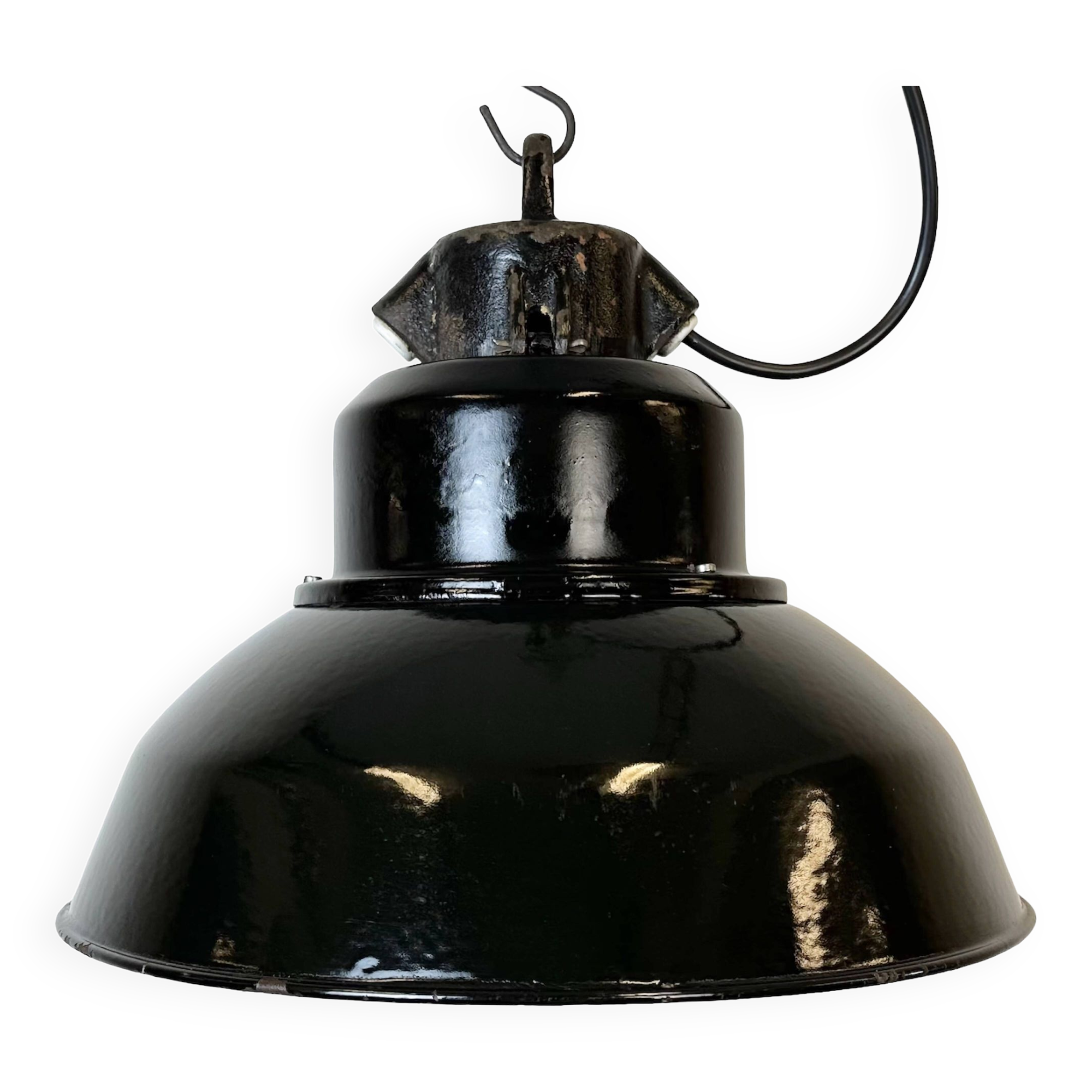 Industrial Black Enamel Factory Lamp with Cast Iron Top, 1960s