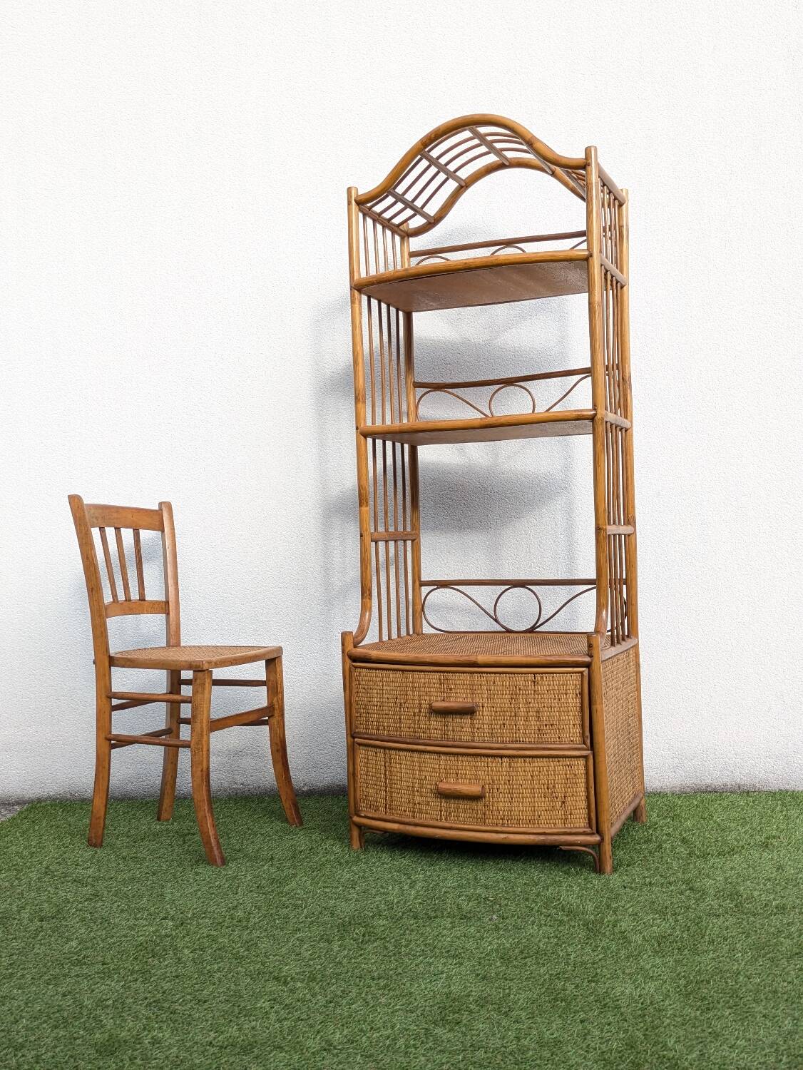 Vintage 1960s Rattan Bamboo Bookcase Shelf Buffet